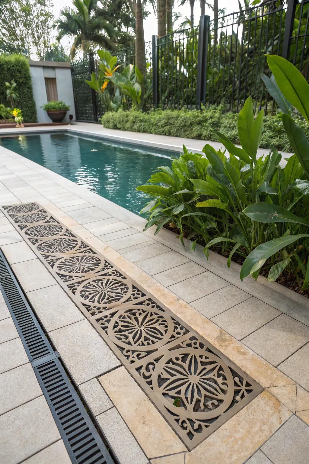 Artistic decorative grates introduce an unexpected design aspect to the deck.