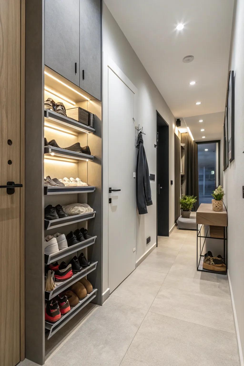 Maximize space with wall-mounted shoe storage solutions.