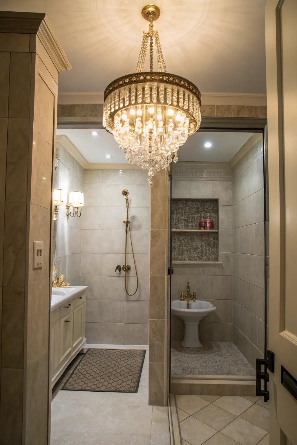A luminaire contributes a lavish touch to the hidden shower.