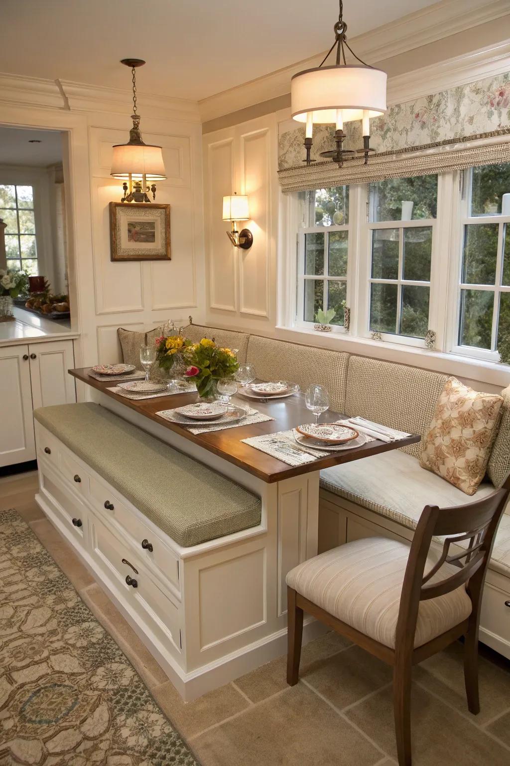 Inviting dining area with banquette seating and secret storage