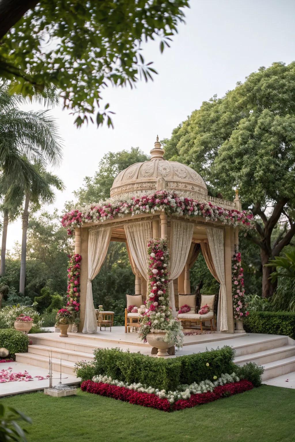 A serene botanical garden view framing the mandap beautifully.
