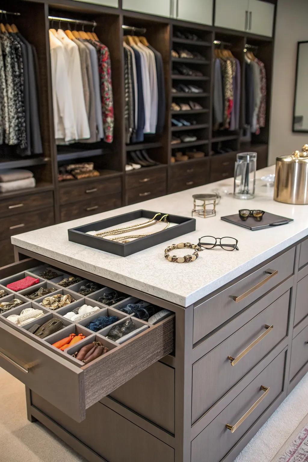 A central island adds both function and style to a shared closet.