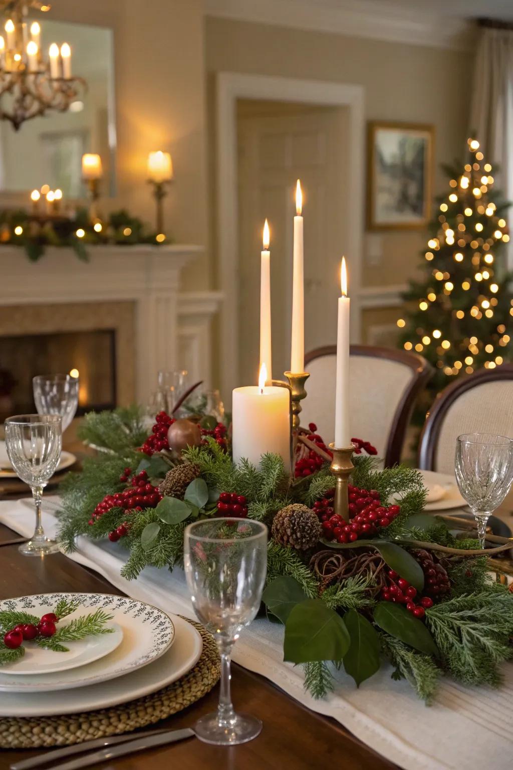 A festive dining arrangement adorned with wax illuminations and seasonal embellishments.