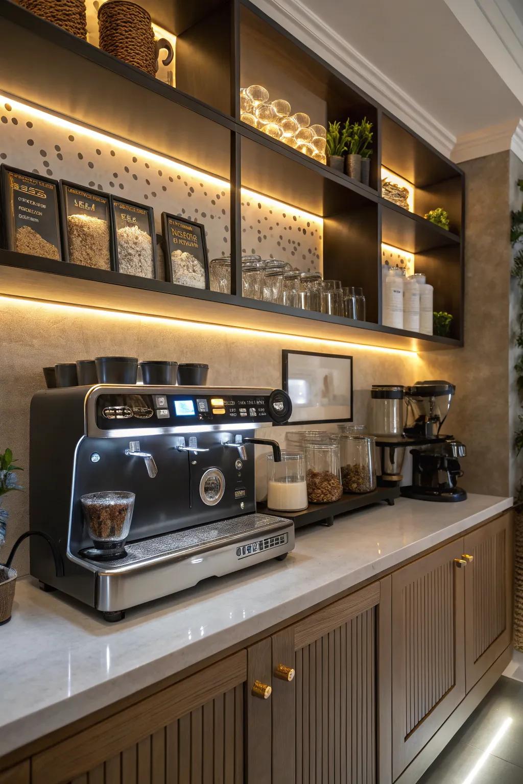 Illumination can metamorphose your coffee hub into a warm, inviting space.