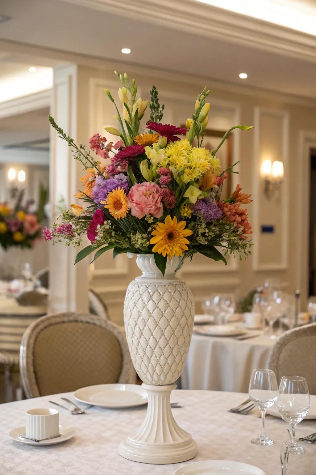 A stylish vase with vibrant flowers, bringing a splash of color to the dining area.
