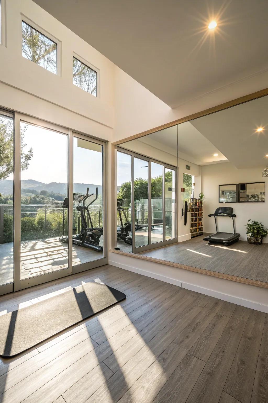 Mirrors reflect natural light, brightening this home gym space.