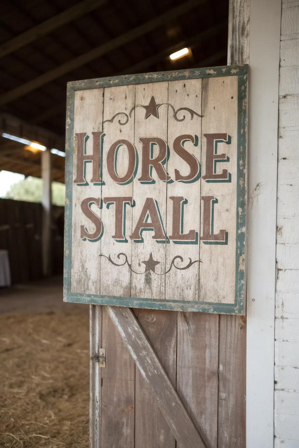 An aged-inspired stall marker with classic charm.