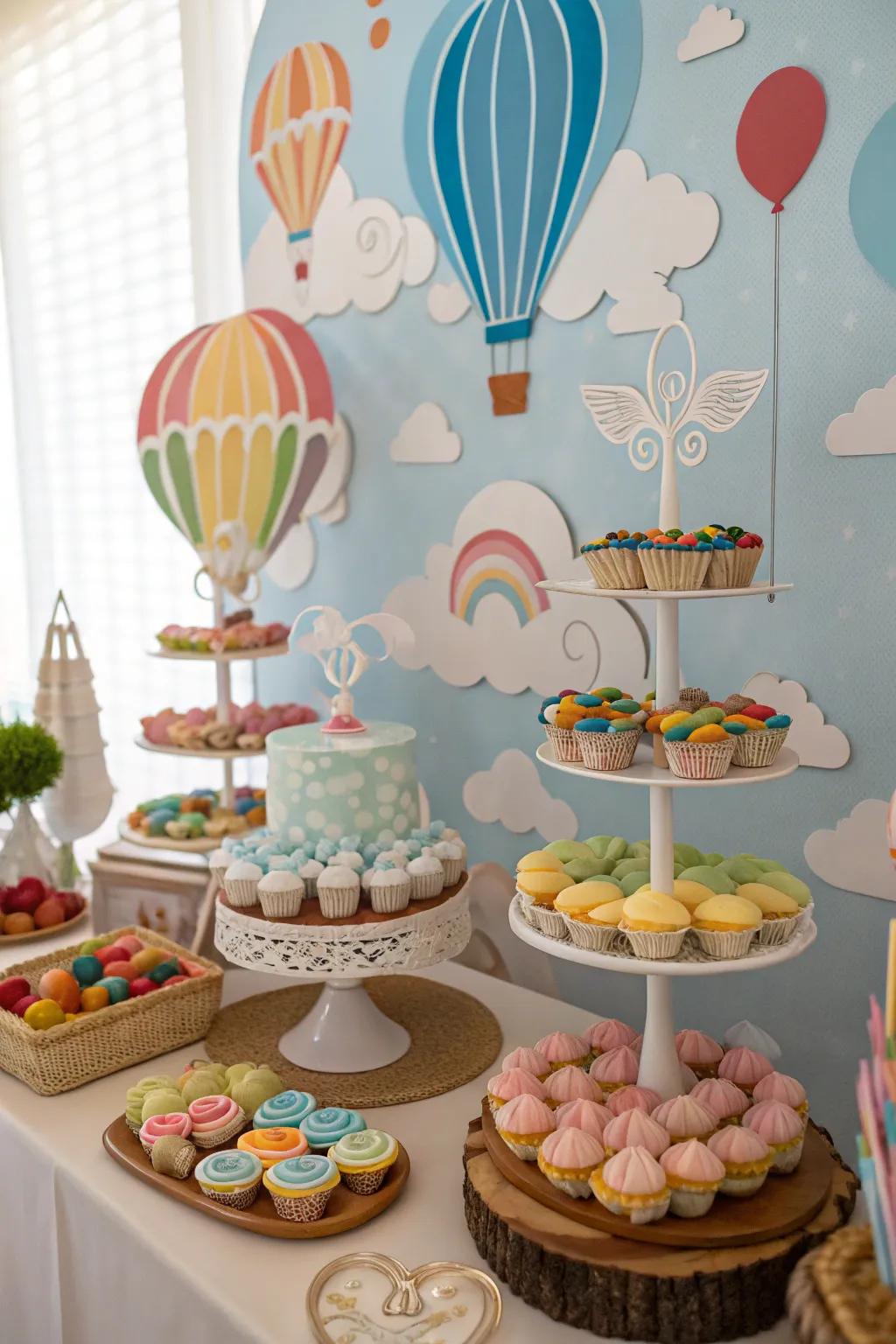 A sky-themed sweet setup showcasing cloud-like delicacies.