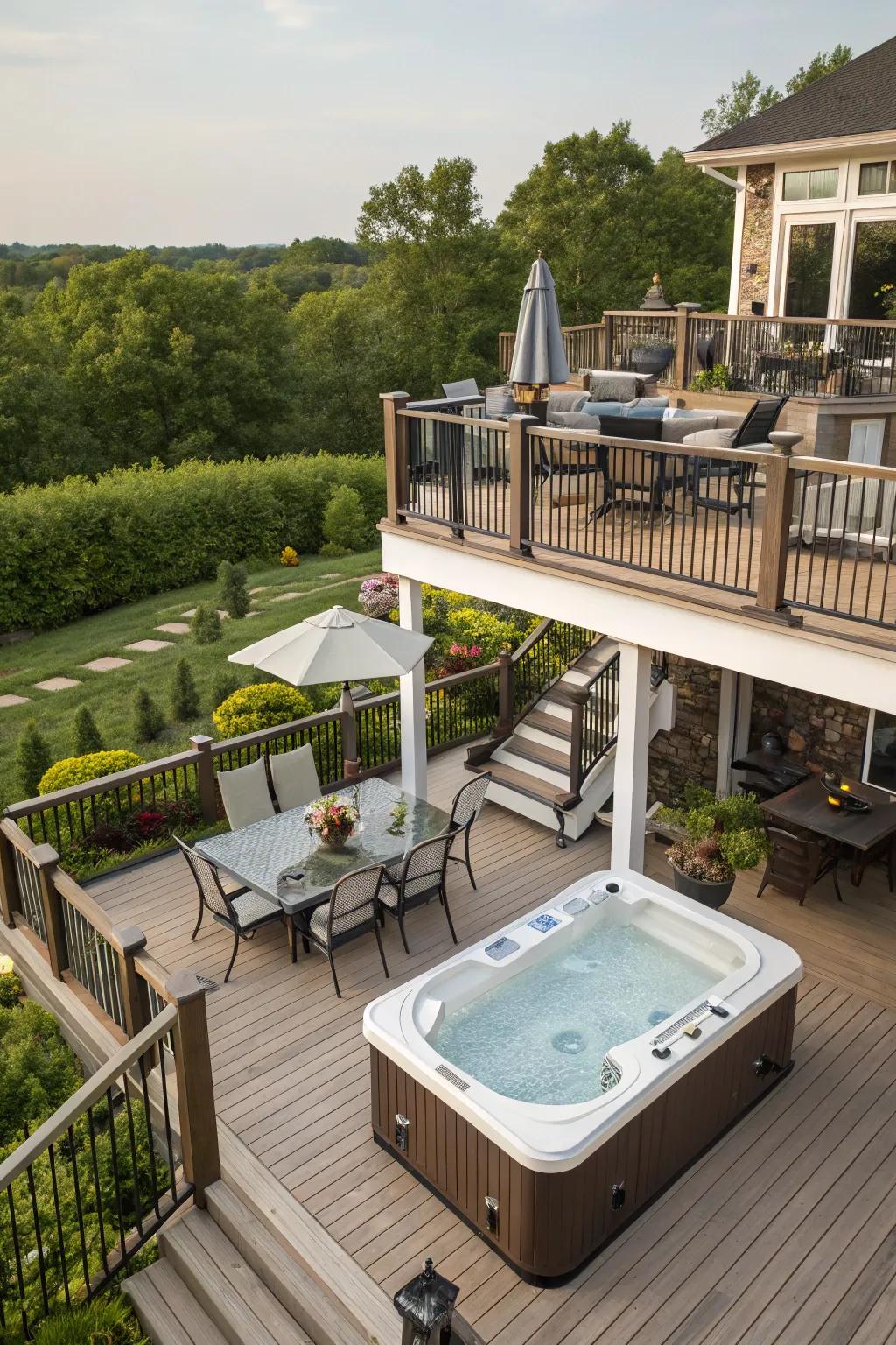 Multi-level decks provide adaptable spaces for various activities.