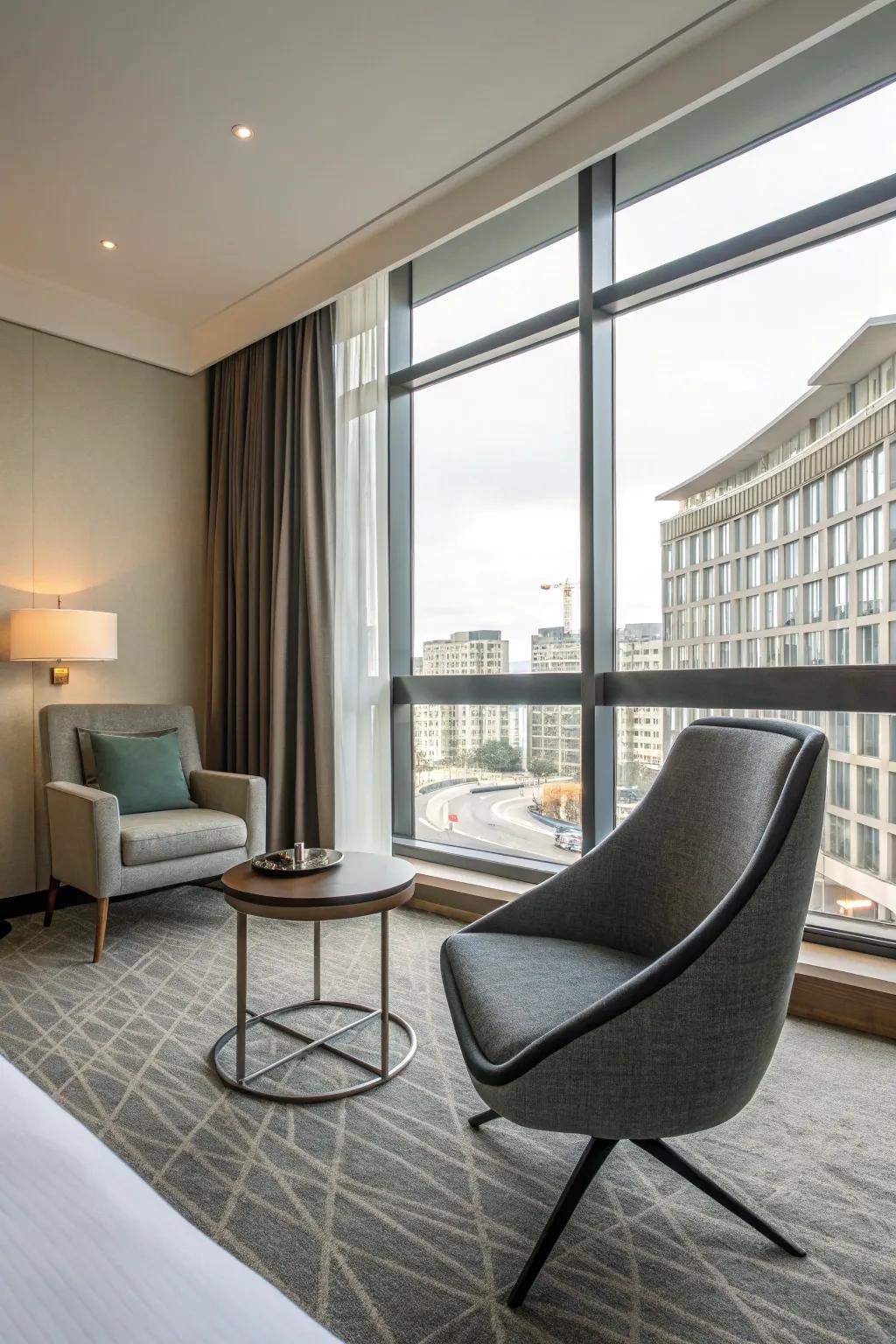 Streamlined furnishings inject a modern flair into hotel room designs.