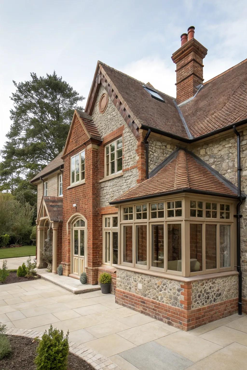 A brick and stone extension harmonizing with the existing structure.
