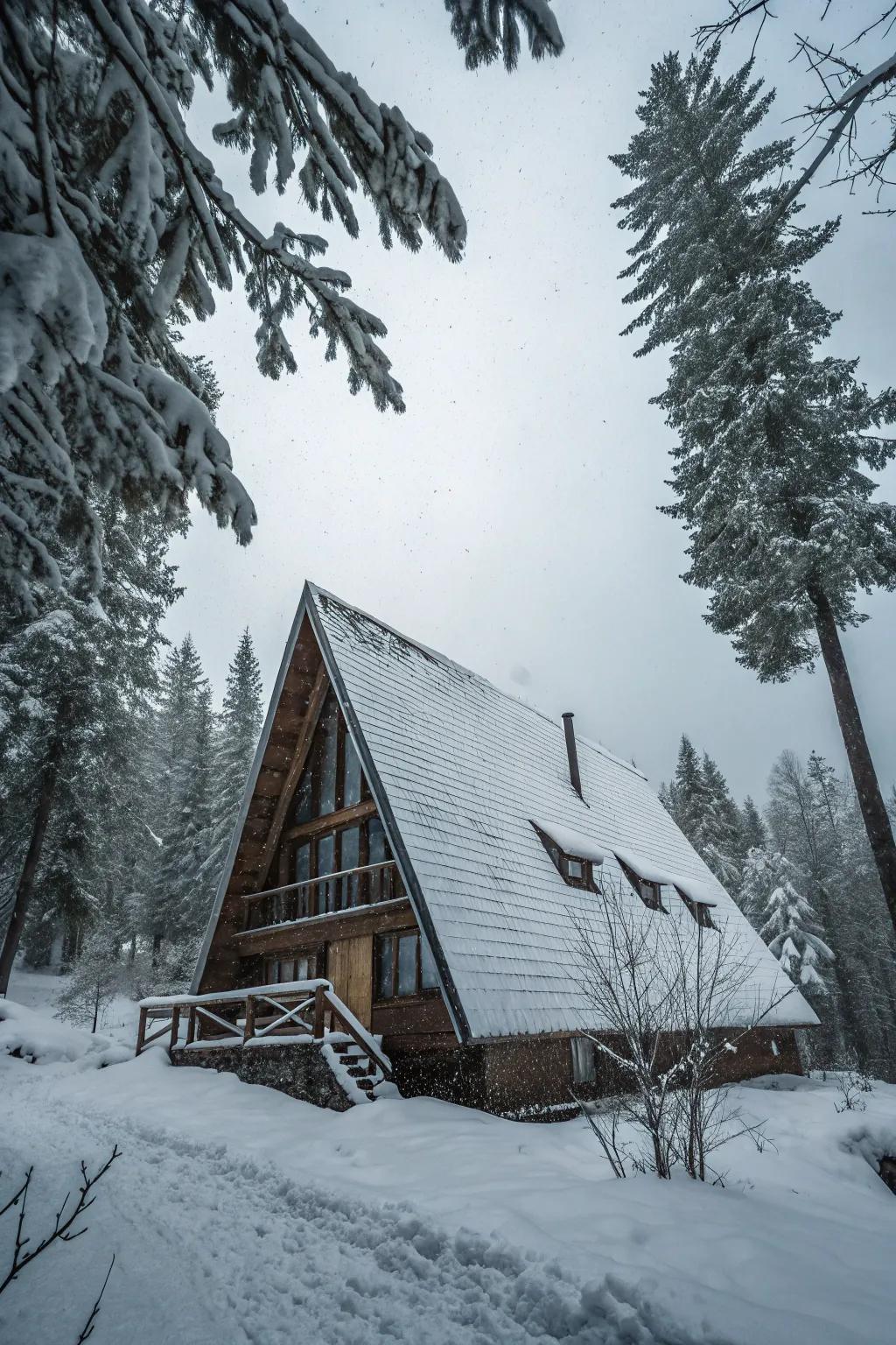 A notable triangular cabin nestled amongst the trees.