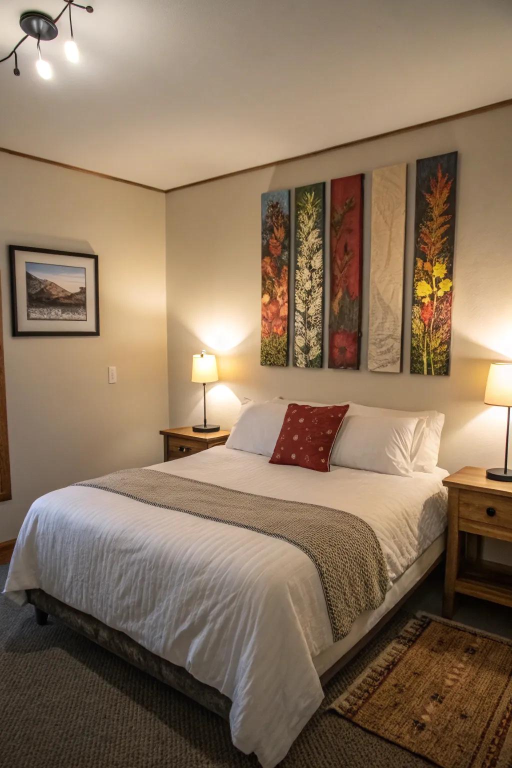 Strategic wall art enhances a small bedroom's appeal by adding height.