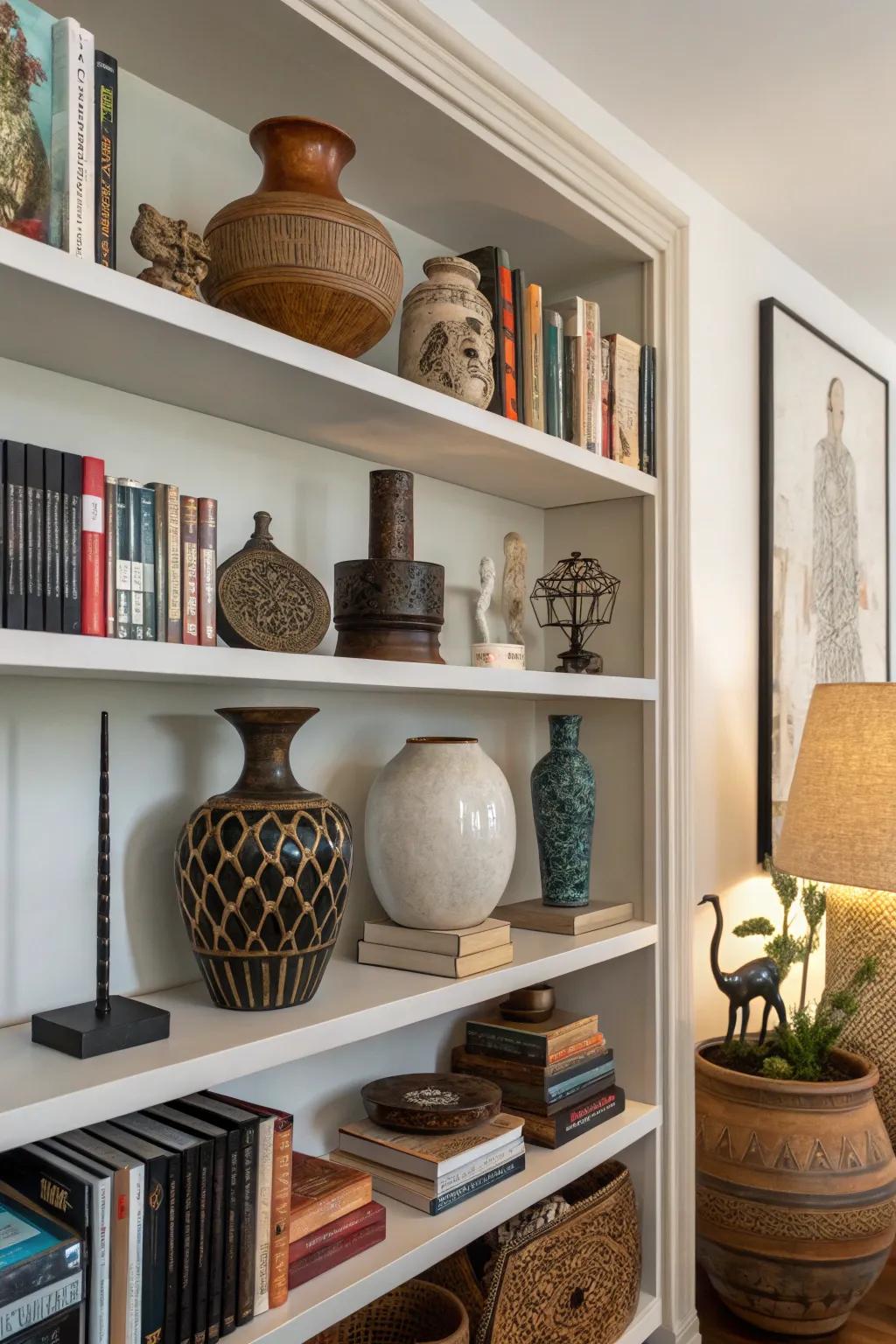 Bookshelf showcasing decorative objects.