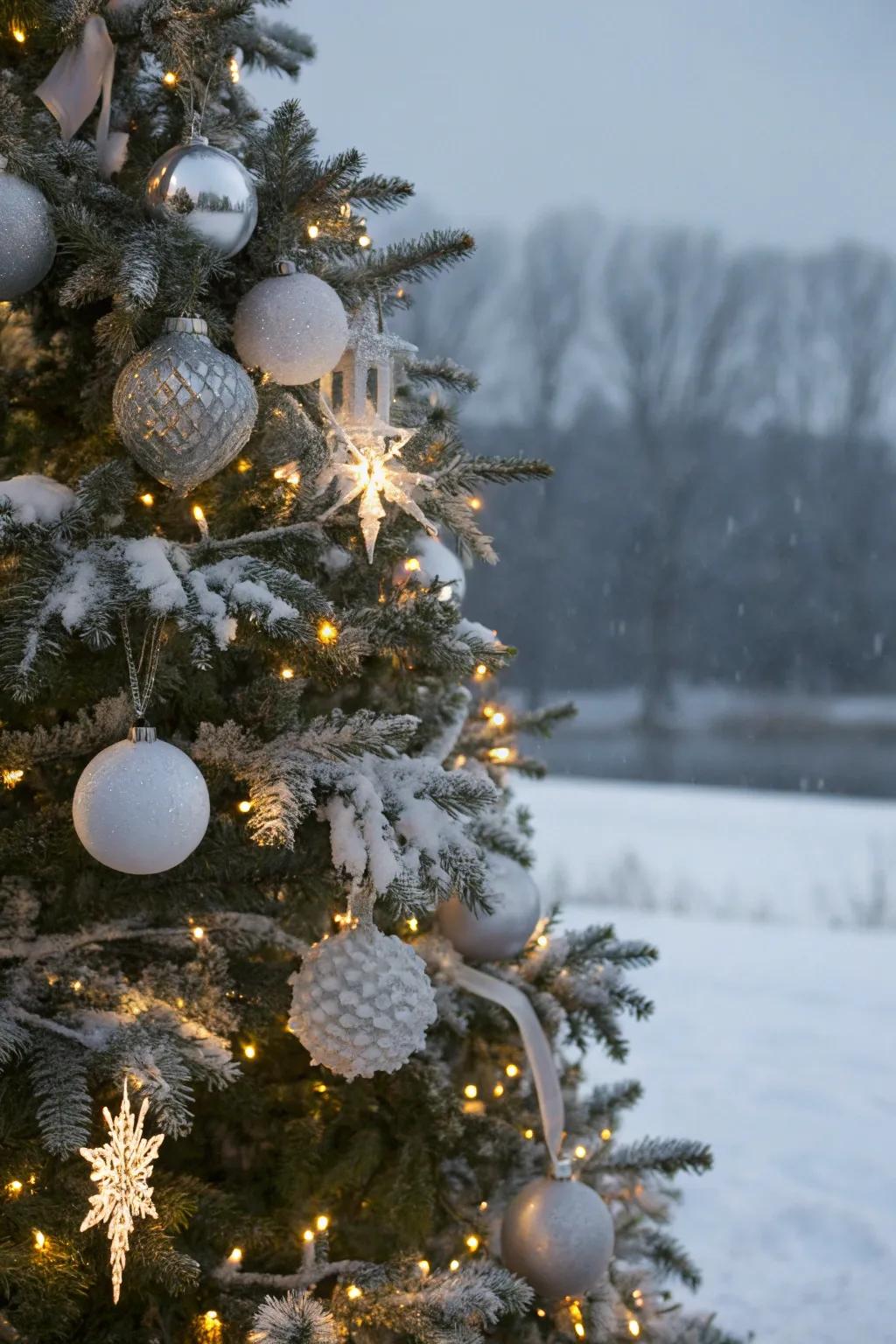 A winter wonderland Christmas tree showcasing white and silver decor.