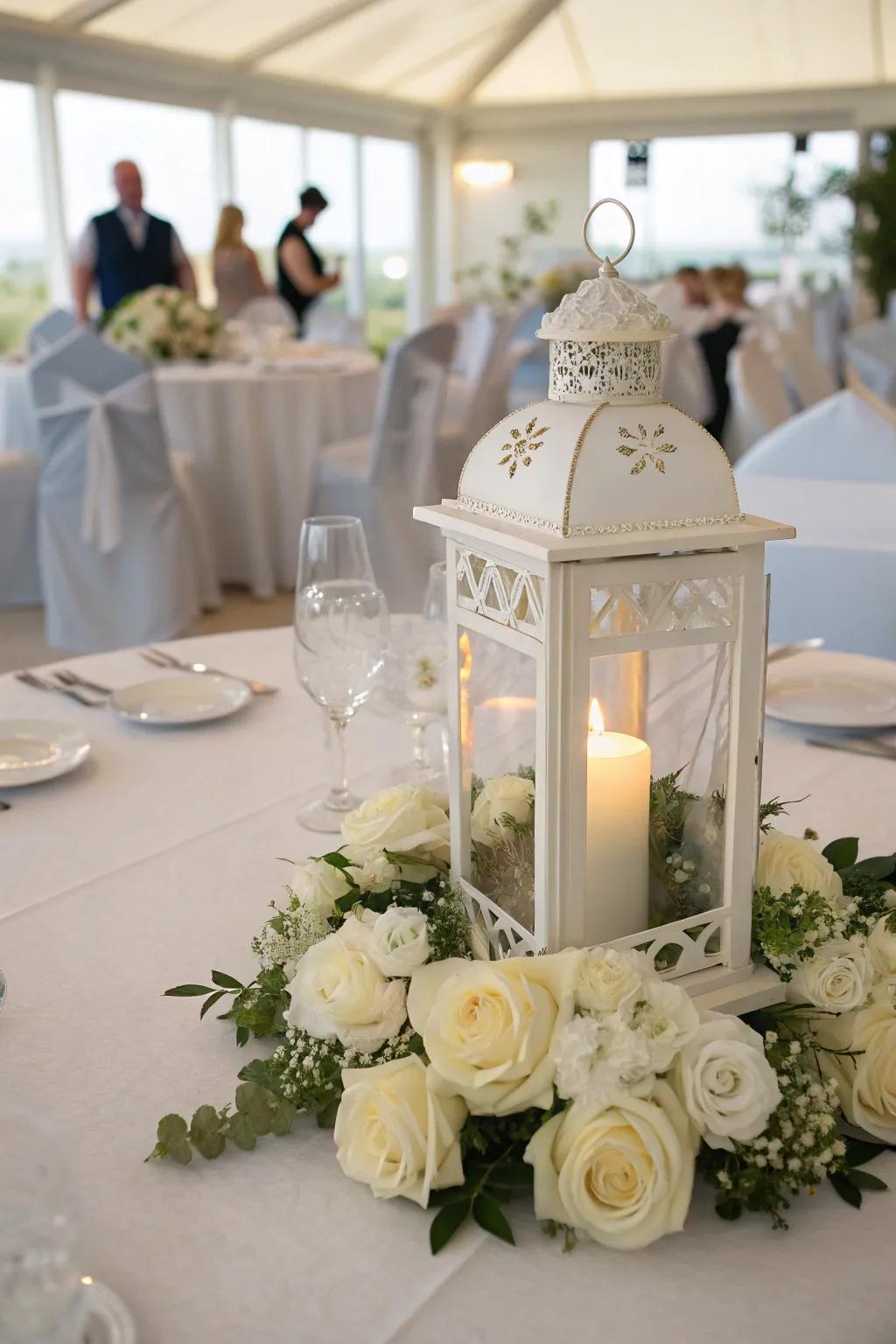 The sophistication of a wedding, captured in roses and a metallic lantern.