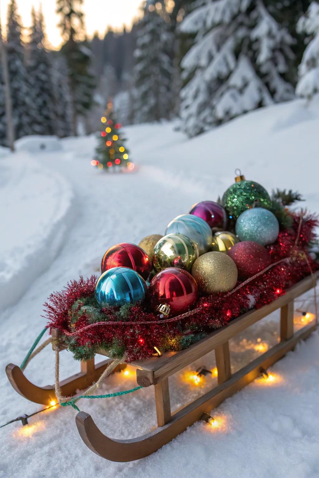 A sled glimmering with joyous holiday baubles