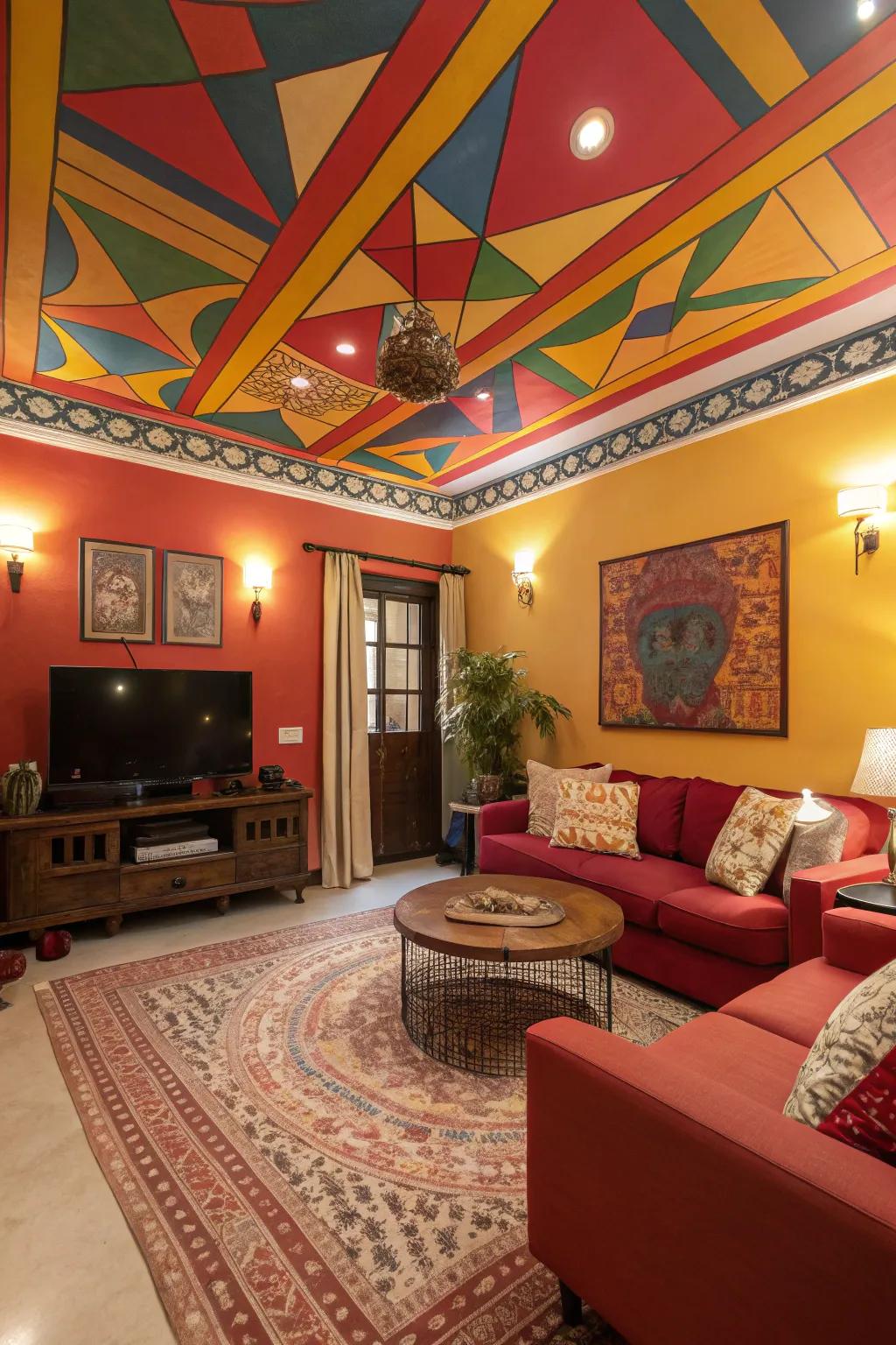 A lively living area with a daring, colorfully tinted roof.