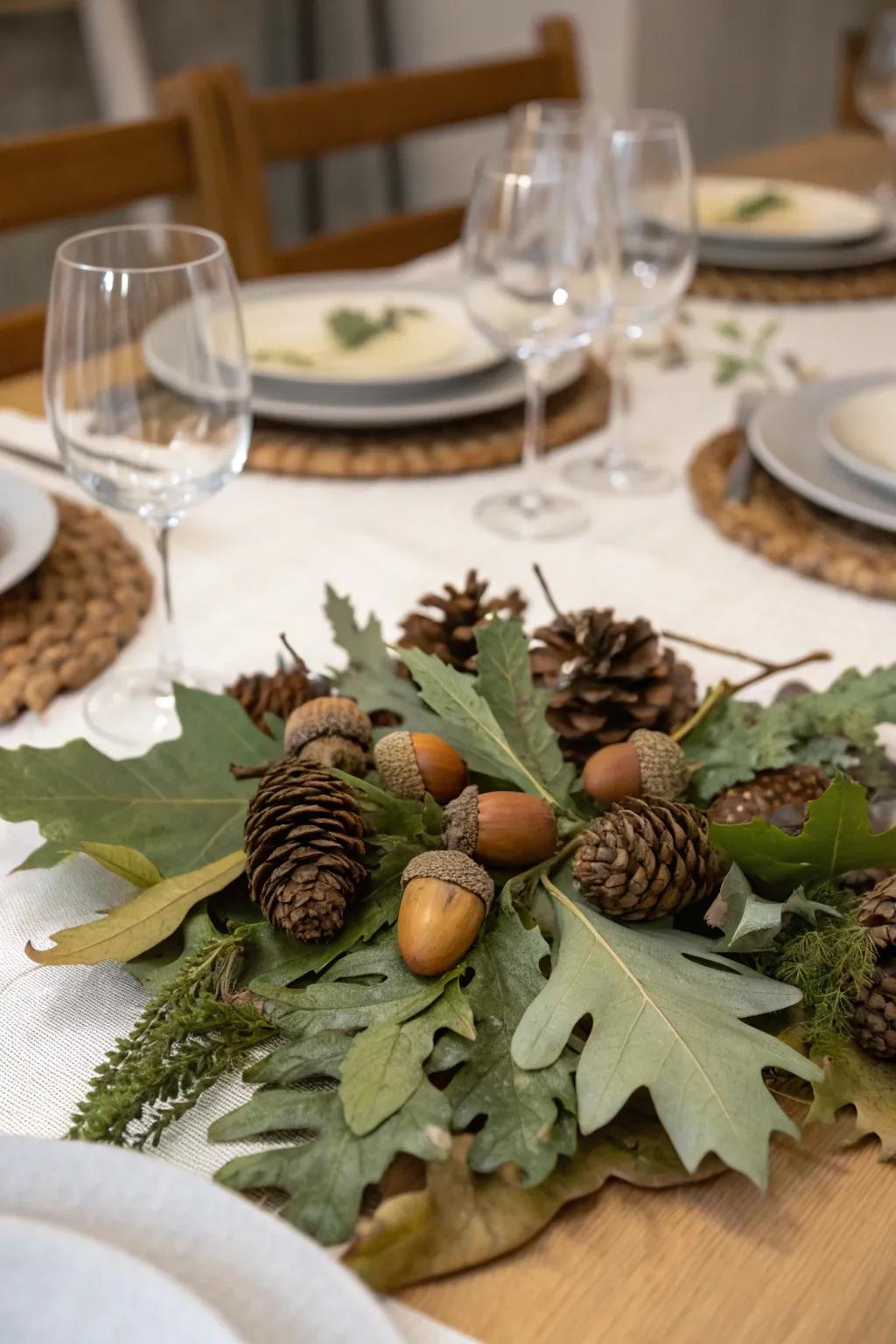 A nature-inspired centerpiece for a fall table setting.