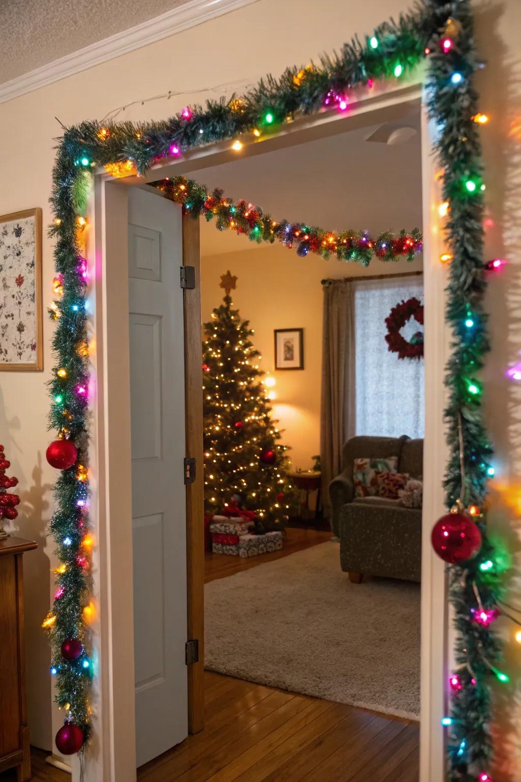 A doorway exquisitely framed using sparkle ribbon.