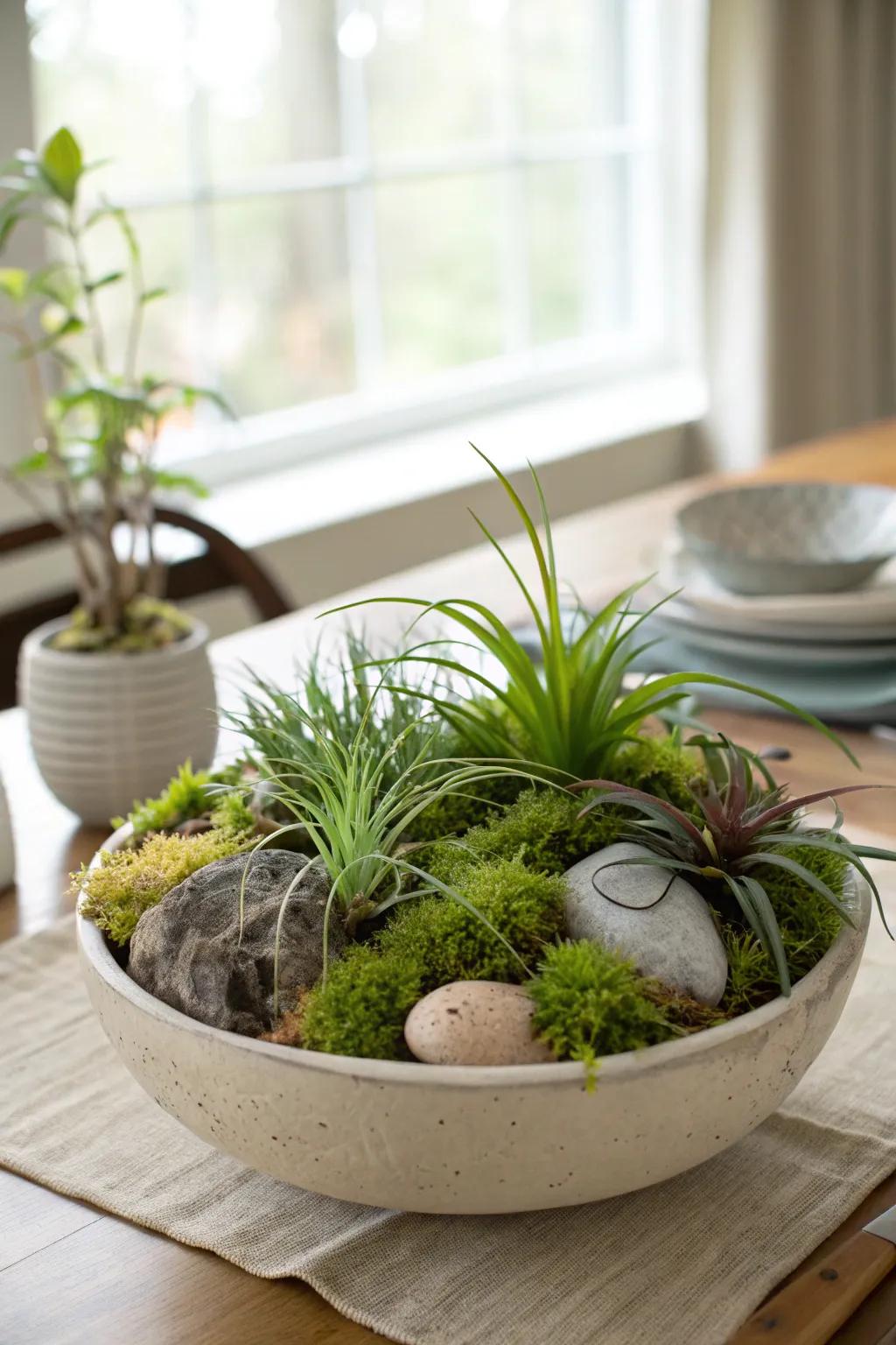 Pottery bowl housing air plants, serving as an enchanting centerpiece.
