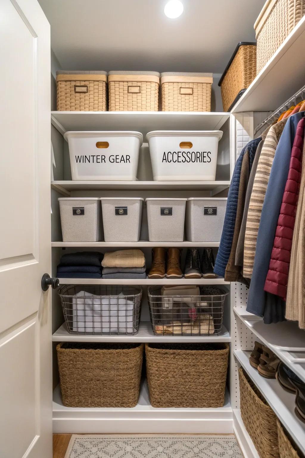 Labeled bins help keep things organized and easy to find.