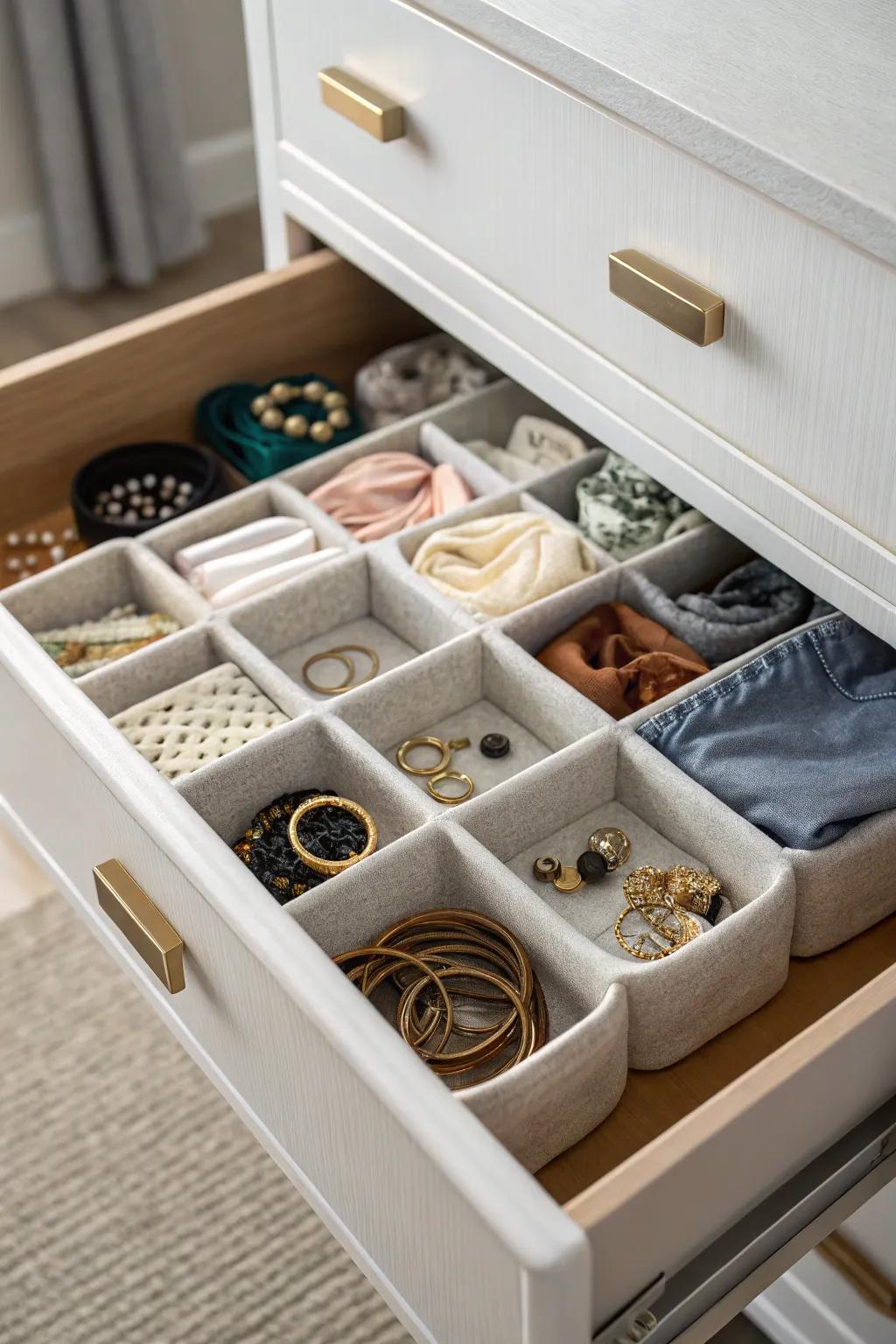 Small bins inside drawers for added organization and item security.