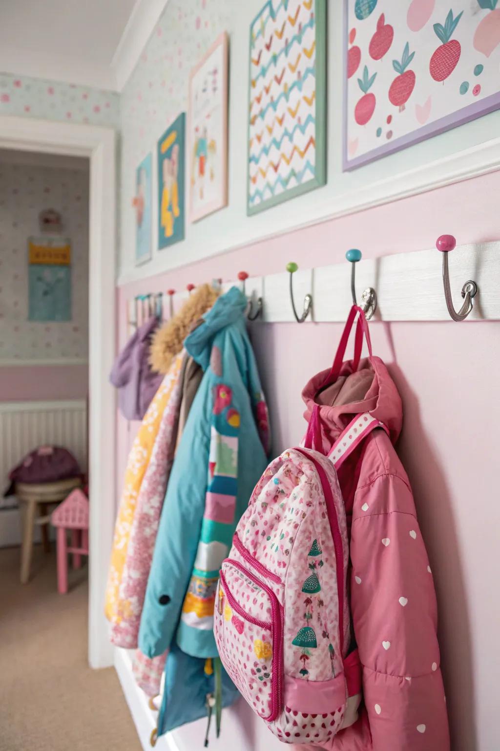 Wall hooks keep items organized and off the floor.
