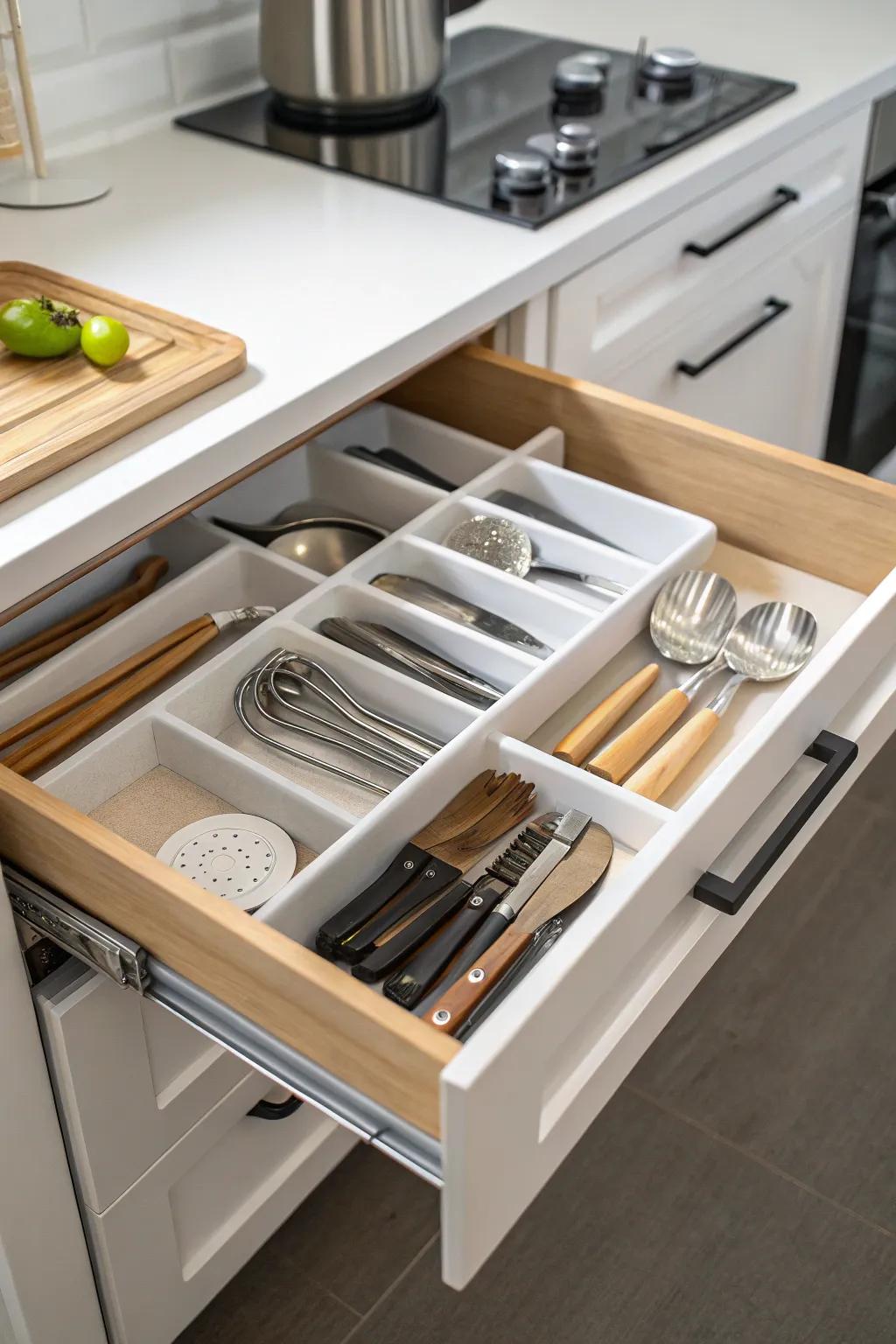 Compartments in drawers bring harmony in utensil arrangements.