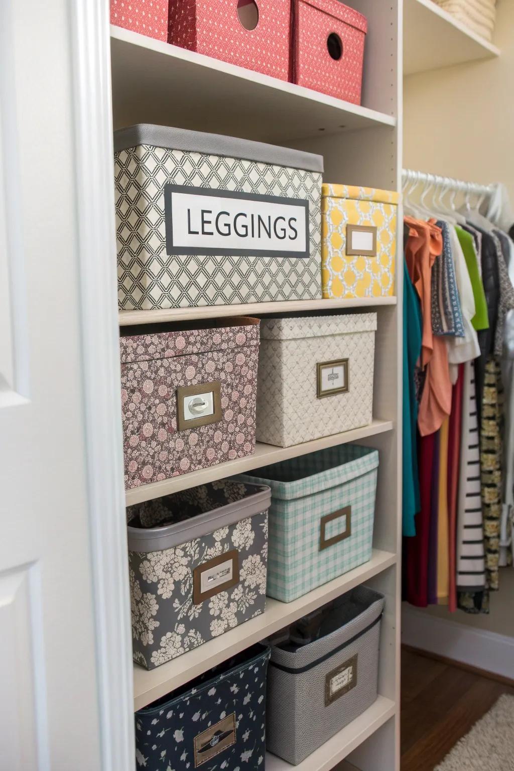 Employ bins and containers to categorize and store leggings elegantly.
