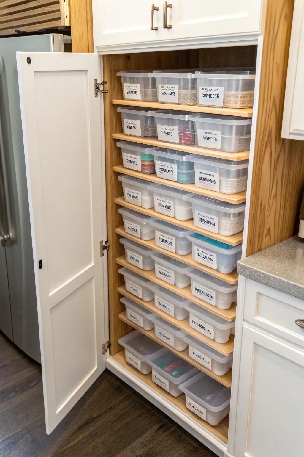 A cabinet featuring plastic lids stored vertically for better space utilization.