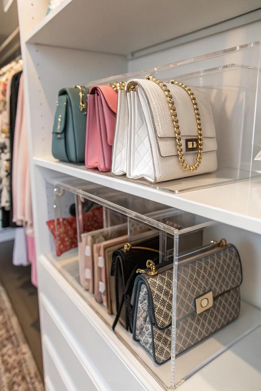 Handbags neatly arranged with clear dividers for a clean and simple look.