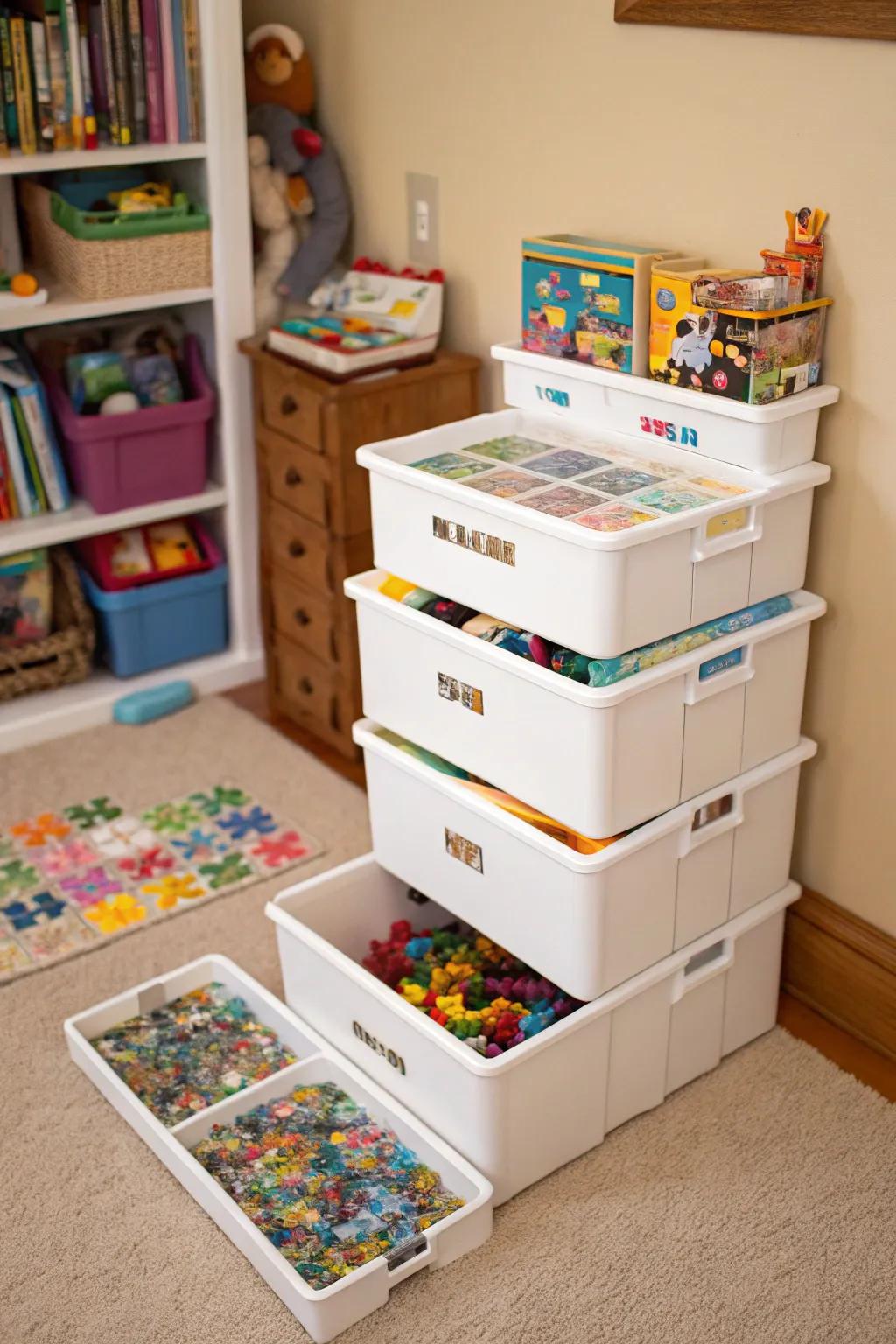 Stackable storage boxes packed with puzzles.