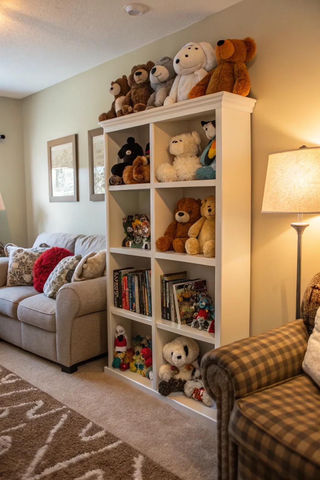 A display shelf transforms stuffed companions into a charming display.