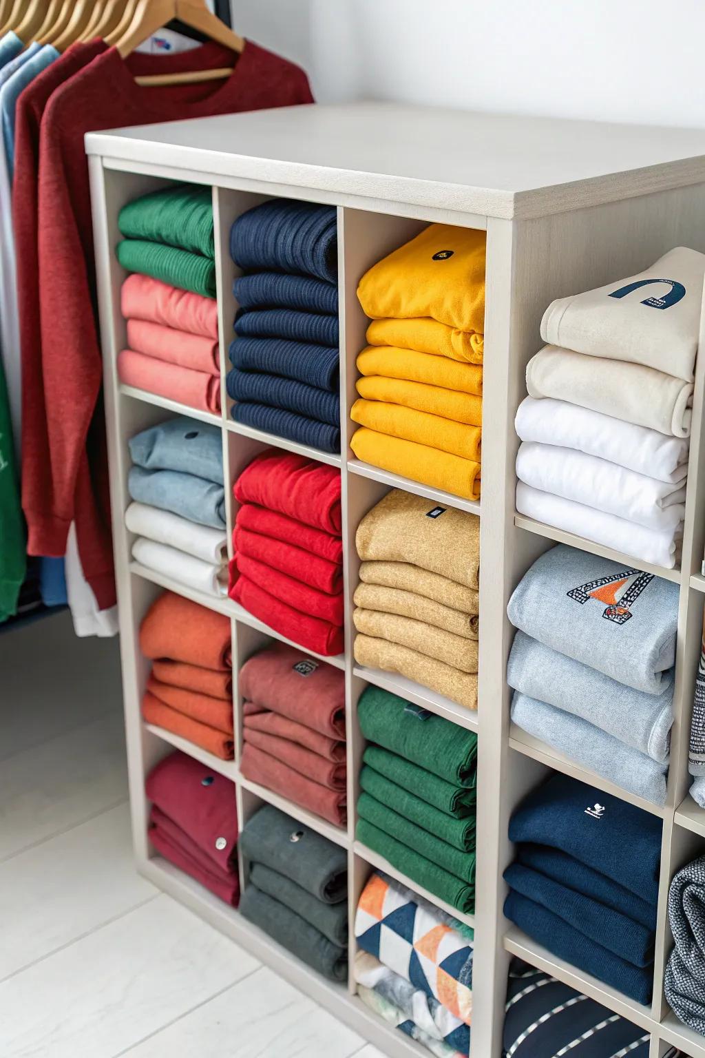 Cube storage offers a tidy and stylish way to display sweatshirts.
