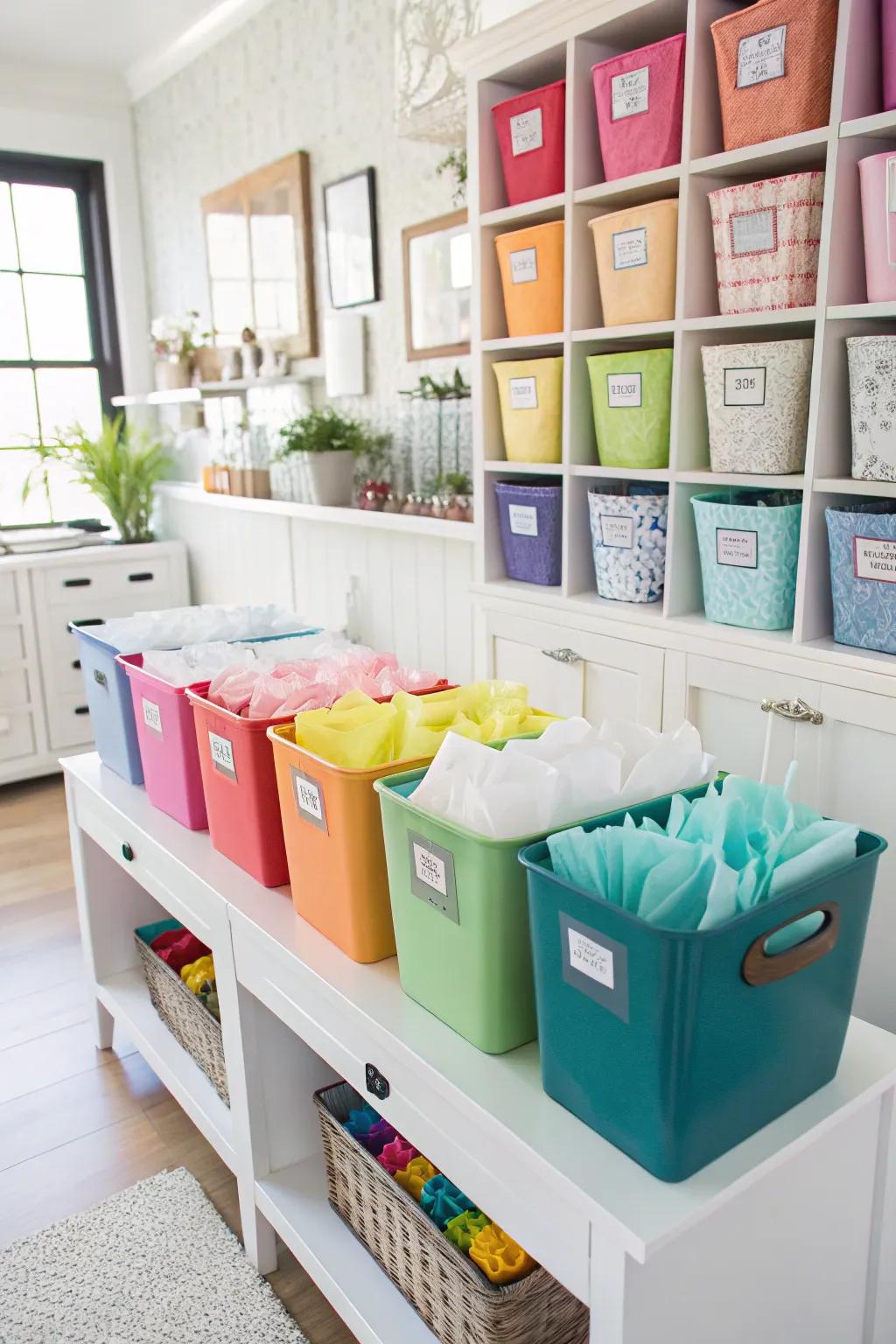 Shade-coordinated containers make organizing crepe paper easier.