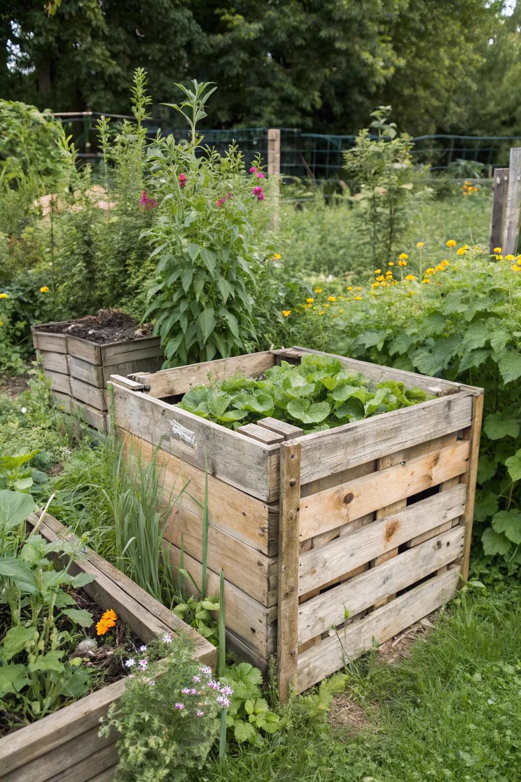 This rustic DIY compost bin is built from wood slats, blending seamlessly into the garden setting.