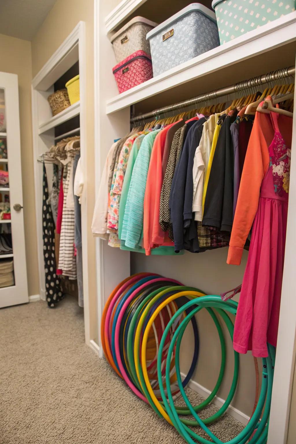 Hula hoops smartly arranged in a closet, maximizing space and organization.
