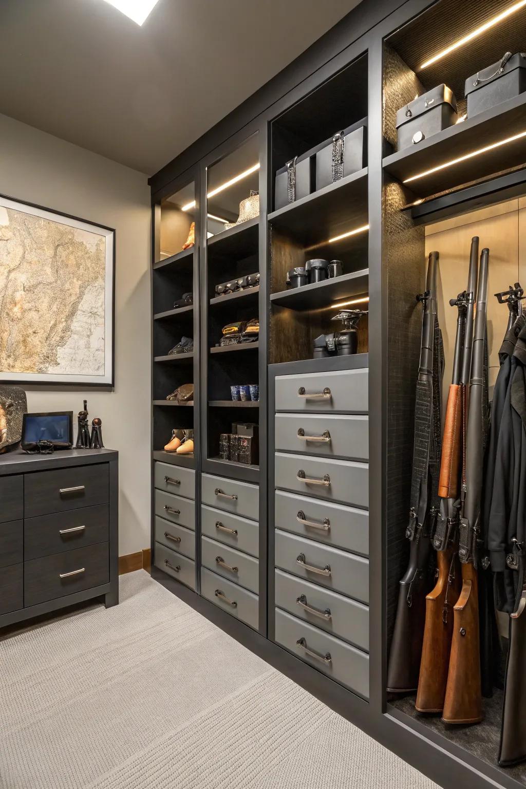 Cabinets and drawers keep gear secure and organized.