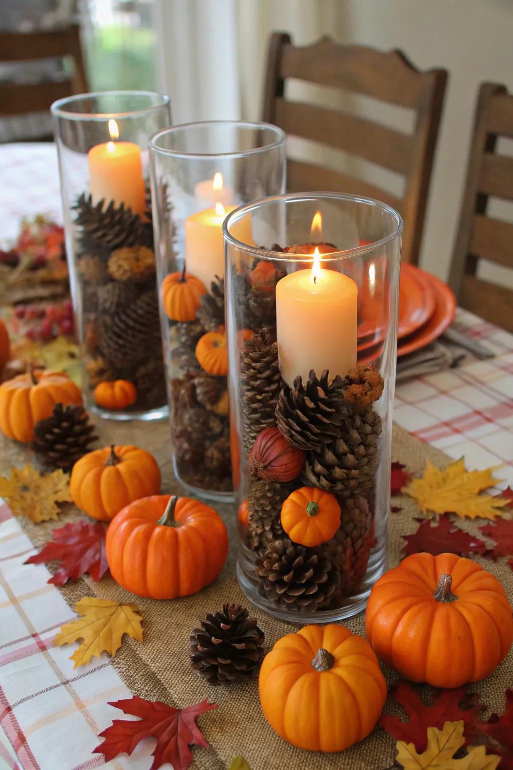 Seasonal elements like pine cones and pumpkins inside hurricane vases for a festive touch.