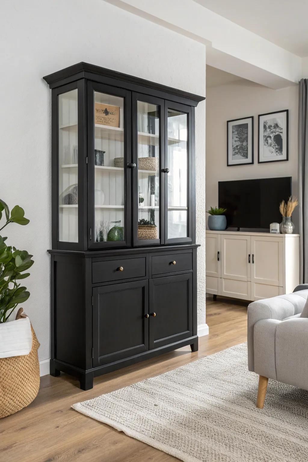 A minimalist hutch projects a sleek, contemporary aura.