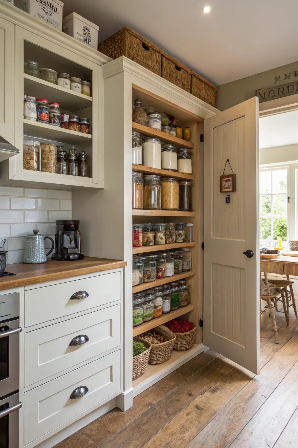 In-wall pantry shelves maintain your kitchen essentials in perfect order.