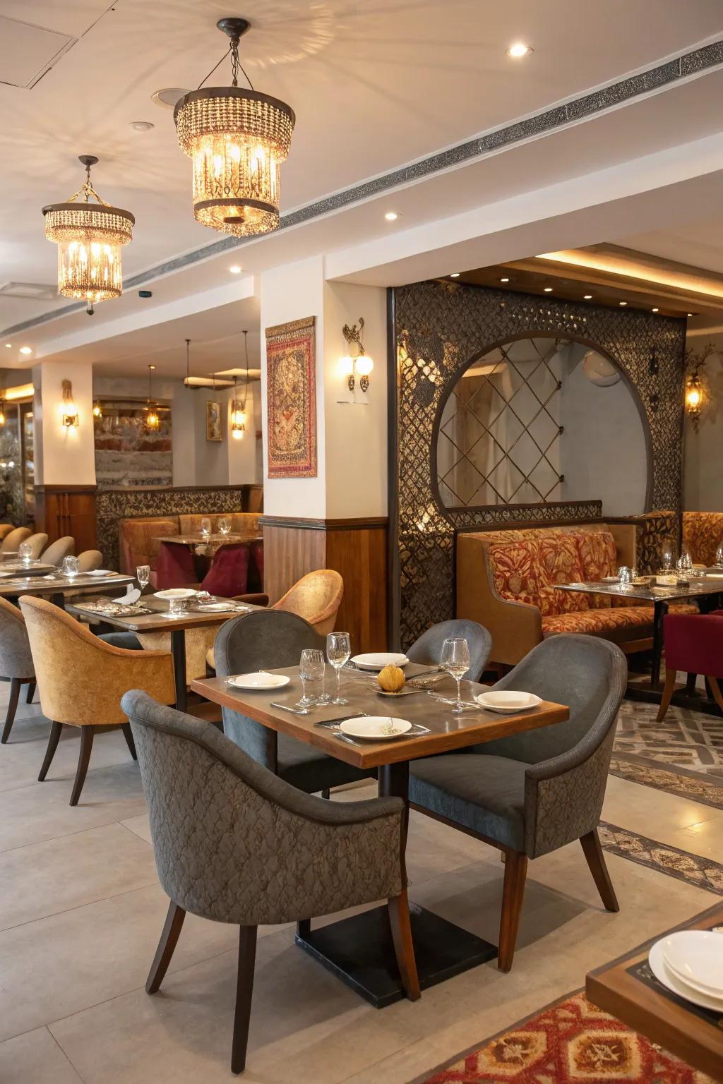 The blend of modern and classic furniture styles provides this Indian restaurant with a unique vibe.