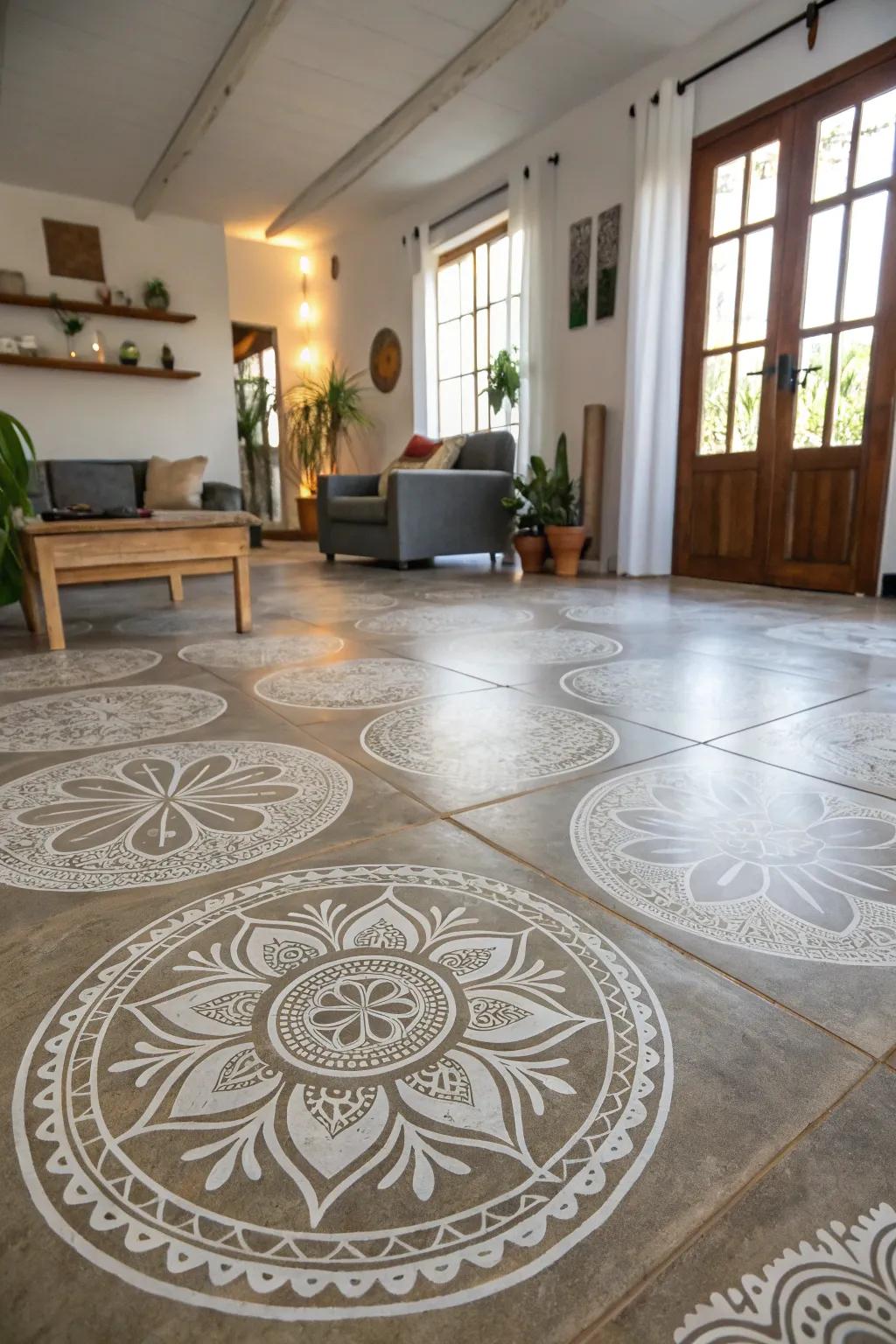 Intricate stencil designs on a concrete floor contribute character and detail to this living area.