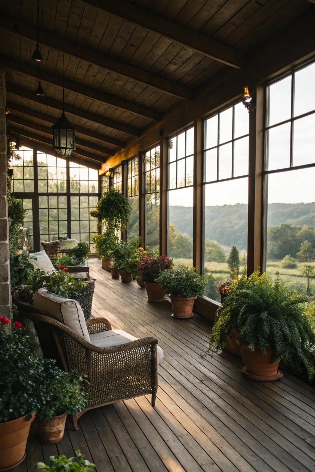 Sunlight streaming through large windows brightens the indoor deck.