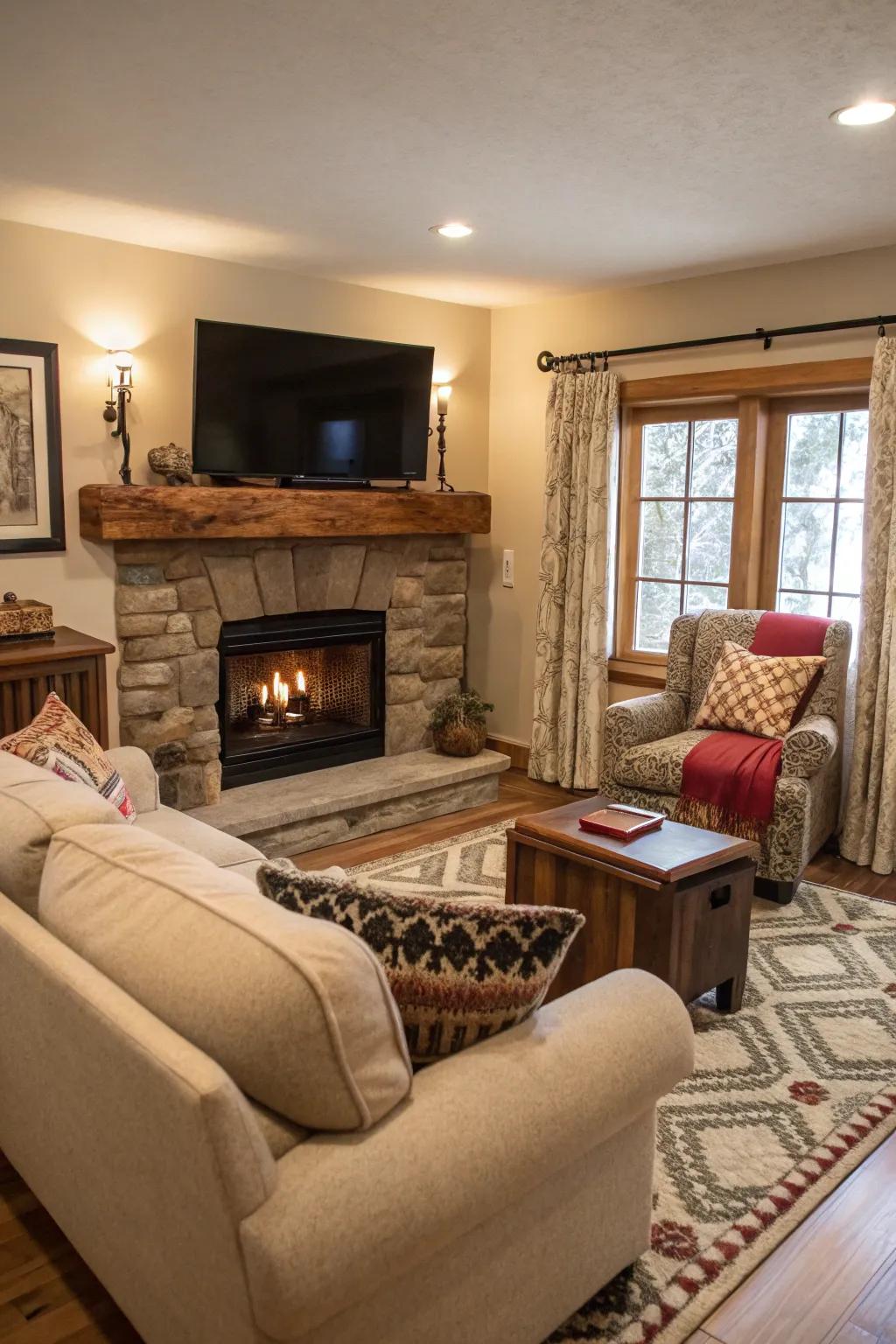 A snug family room with a fireplace and display screen integration, ideal for movie nights.