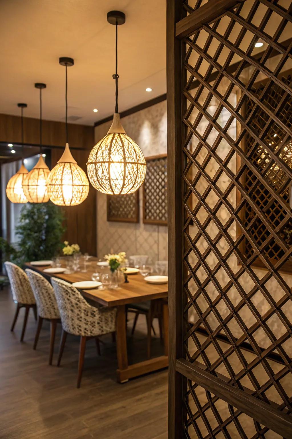 Unique lighting design achieved through lattice wall integration.