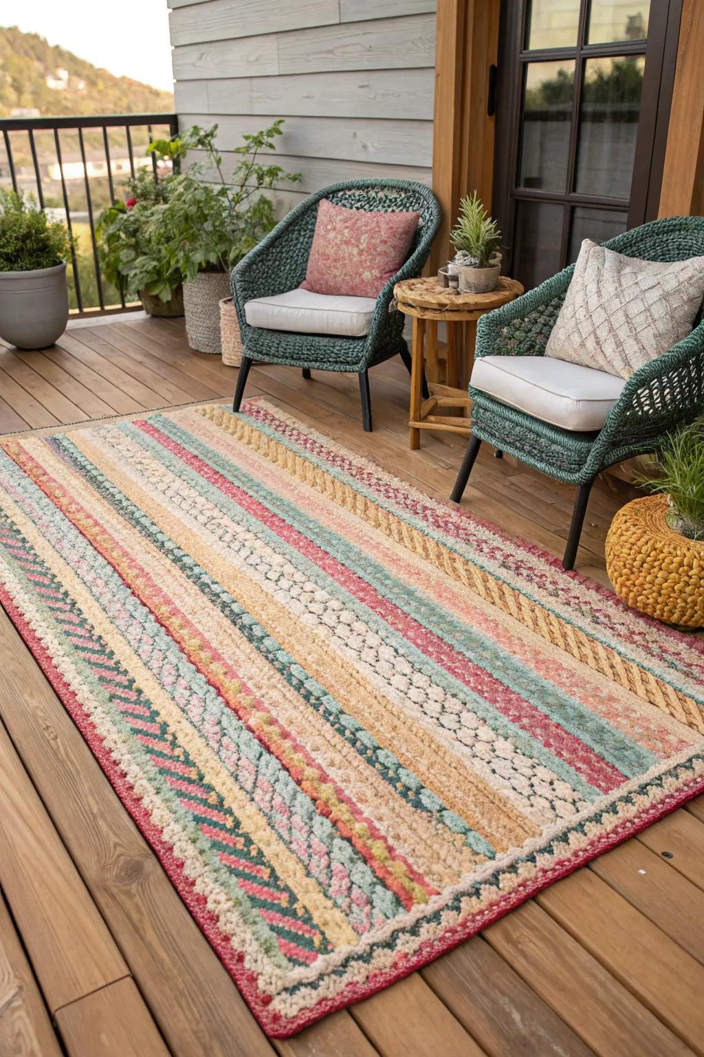 Ornamental floor coverings enrich your indoor patio with warmth and flair.