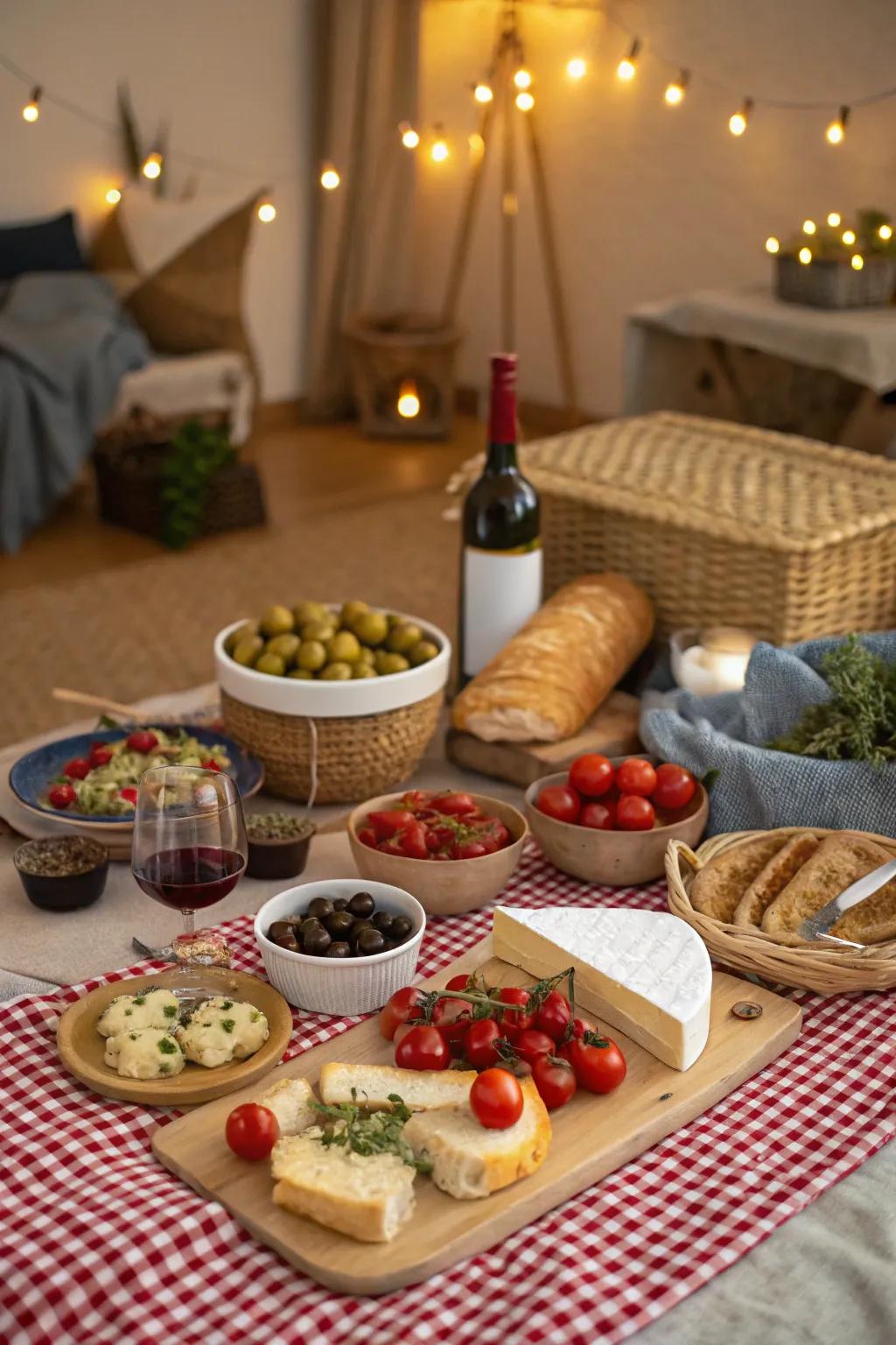 A Mediterranean-themed picnic with various foods and wine.