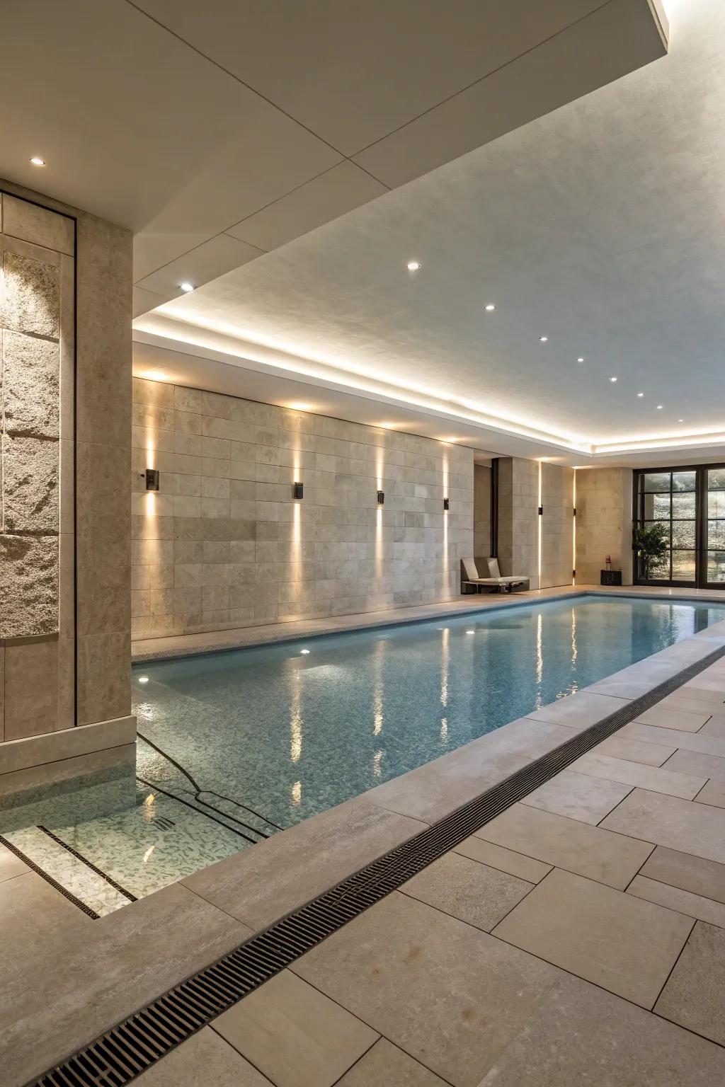 A polished indoor pool boasting sleek stone finishes